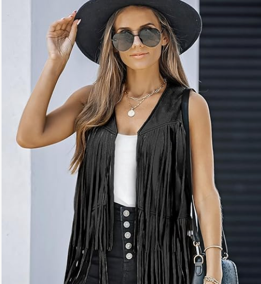 Women's Fringe Vest – 70s Hippie Cowgirl Suede Tassel Outerwear - Image 3