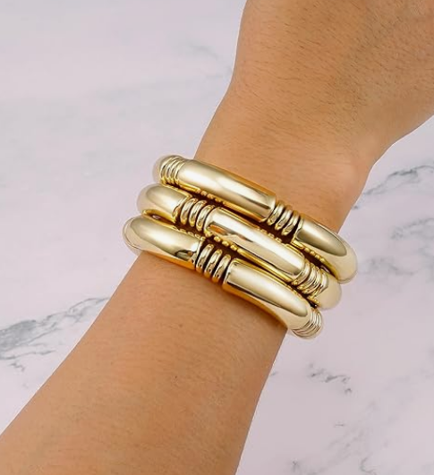 Gold Chunky 14K Plated Bamboo Bangles for Women – Bracelets - Image 3