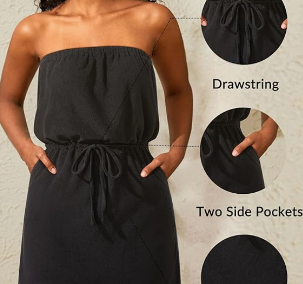 Swimsuit Cover Up Terry Cloth Strapless Dress Drawstring with Pockets. - Image 3