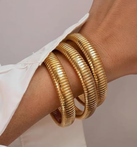 Gold Bangles for Women – Chunky Stretch Bracelets Set, 18K Gold Plated