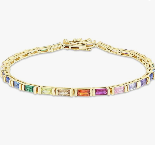 14K Gold Plated Sterling Silver Rainbow Baguette Sapphire Tennis Bracelet